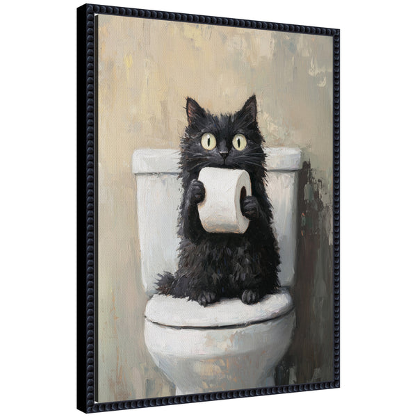 kate & laurel Sylvie Funny Black Cat Toilet Paper Roll Toilet Bathroom Art Framed Canvas by The Creative Bunch Studio