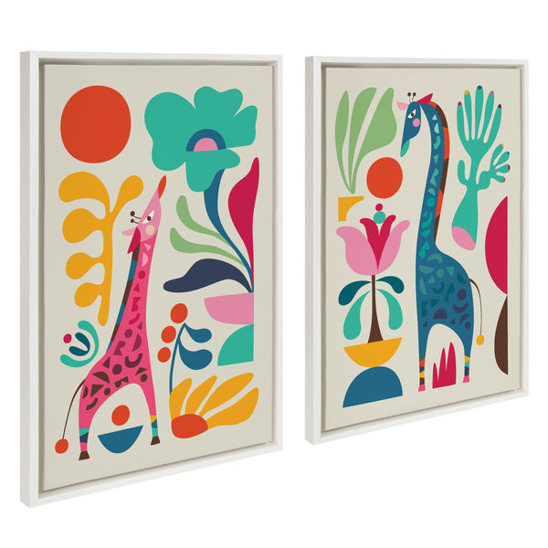 kate & laurel Sylvie Giraffe Garden and Giraffe Garden II Framed Canvas Art Set by Rachel Lee of My Dream Wall