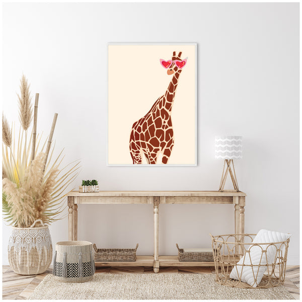 Kate & Laurel Sylvie Giraffe In Preppy Cute Heart Sunglasses Framed Canvas By Honey Island Studio