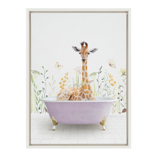 Kate & Laurel Sylvie Giraffe In Spring Bath Framed Canvas By Amy Peterson Art Studio