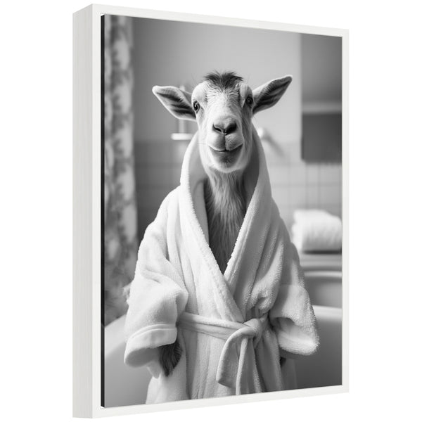 Kate & Laurel Sylvie Goat Bathroom Art Towel Robe Black And White Framed Canvas By The Creative Bunch Studio
