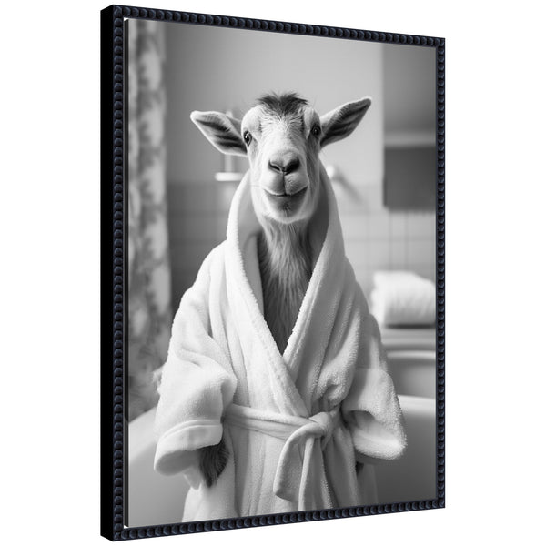 kate & laurel Sylvie Goat Bathroom Art Towel Robe Black and White Framed Canvas by The Creative Bunch Studio