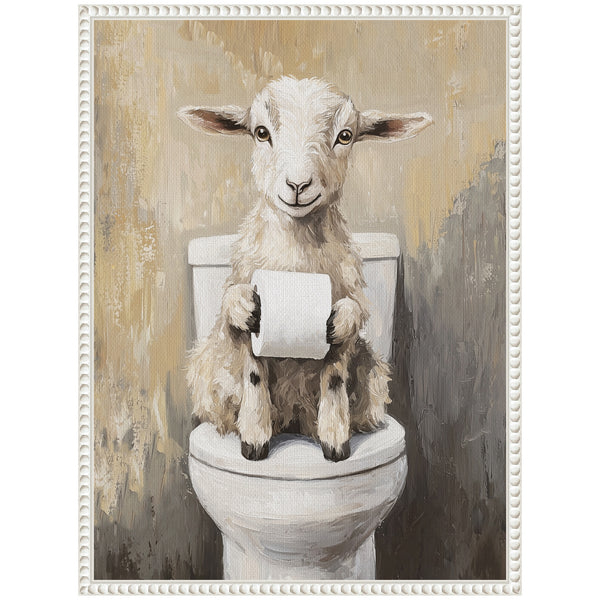 Kate & Laurel Sylvie Goat Holding Toilet Paper Roll Toilet Bathroom Art Framed Canvas By The Creative Bunch Studio
