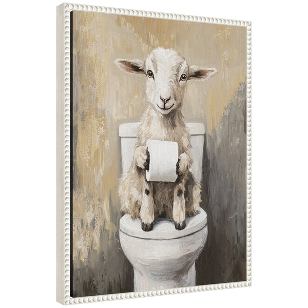 kate & laurel Sylvie Goat Holding Toilet Paper Roll Toilet Bathroom Art Framed Canvas by The Creative Bunch Studio