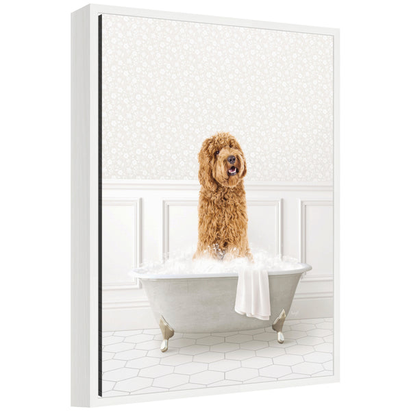 kate & laurel Sylvie Golden Doodle in White Bathtub Framed Canvas by Amy Peterson