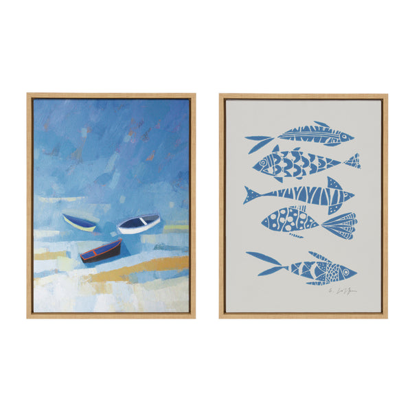 Kate & Laurel Sylvie Golden Dunes And Fishes Blue On Beige Framed Canvas Art Set By Giuliana Lazzerini