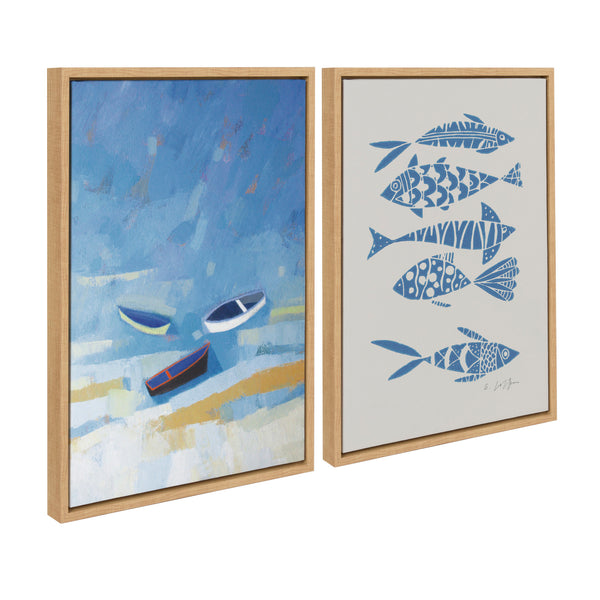 Kate & Laurel Sylvie Golden Dunes And Fishes Blue On Beige Framed Canvas Art Set By Giuliana Lazzerini
