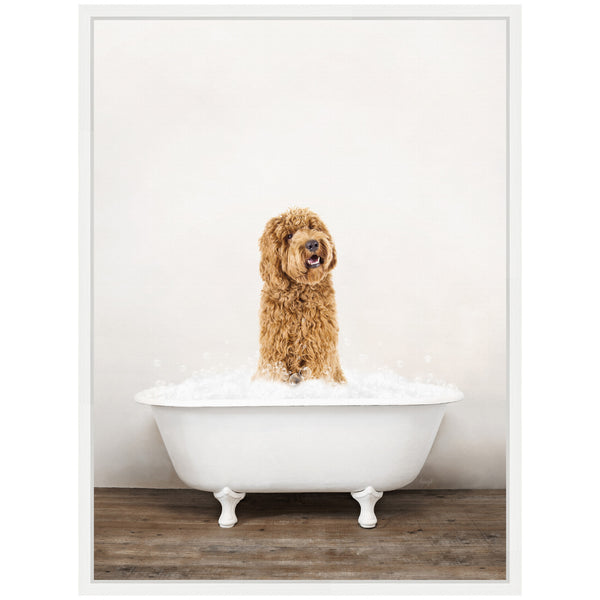 Kate & Laurel Sylvie Golden Labradoodle In Rustic Bath Style Framed Canvas By Amy Peterson