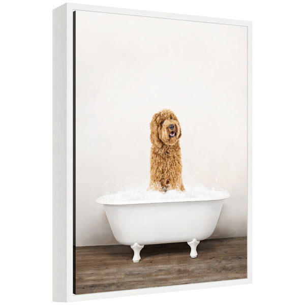 kate & laurel Sylvie Golden Labradoodle in Rustic Bath Style Framed Canvas by Amy Peterson