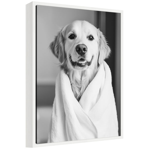 kate & laurel Sylvie Golden Retriever Bathroom Towel Robe Black and White Framed Canvas by The Creative Bunch Studio