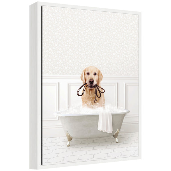 kate & laurel Sylvie Golden Retriever in White Bath Framed Canvas by Amy Peterson