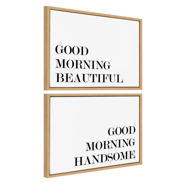 kate & laurel Sylvie Good Morning Beautiful and Good Morning Handsome Framed Canvas Art Set by Maggie Price of Hunt and Gather Goods
