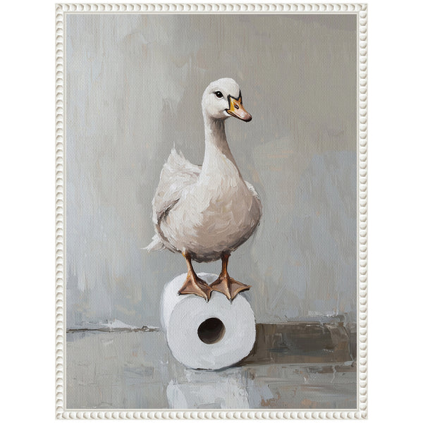 Kate & Laurel Sylvie Goose Standing On A Toilet Paper Roll Bathroom Art Framed Canvas By The Creative Bunch Studio