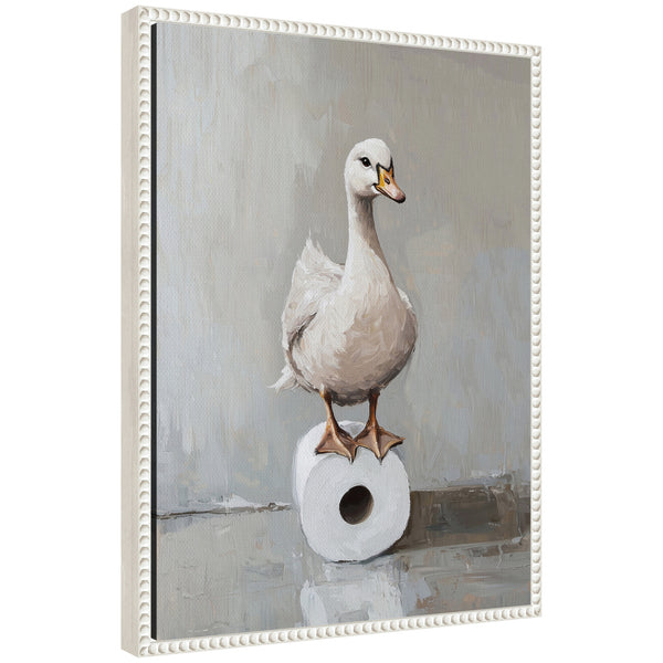 kate & laurel Sylvie Goose Standing on a Toilet Paper Roll Bathroom Art Framed Canvas by The Creative Bunch Studio