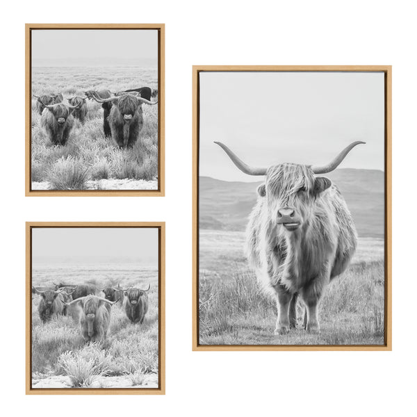 Kate & Laurel Sylvie Herd Of Highland Cows BW Left And Right And Highland Cow Mountain Landscape Black And White Framed Canvas Art Set By The Creative Bunch Studio