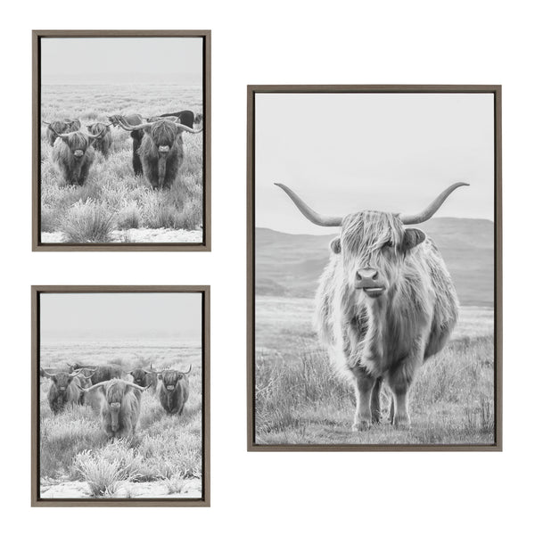 kate & laurel Sylvie Herd of Highland Cows BW Left and Right and Highland Cow Mountain Landscape Black and White Framed Canvas Art Set by The Creative Bunch Studio