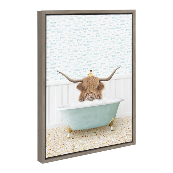 Kate & Laurel Sylvie Highland Cow And Duckling In Little Fish Bath Framed Canvas By Amy Peterson Art Studio