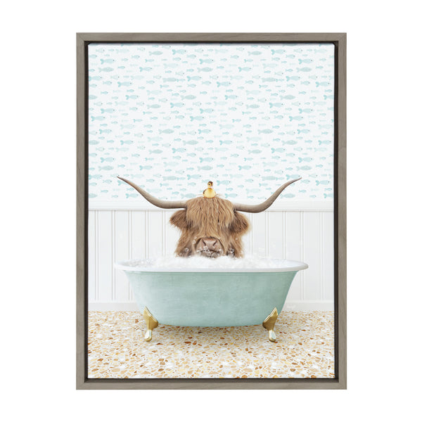 Kate & Laurel Sylvie Highland Cow And Duckling In Little Fish Bath Framed Canvas By Amy Peterson Art Studio