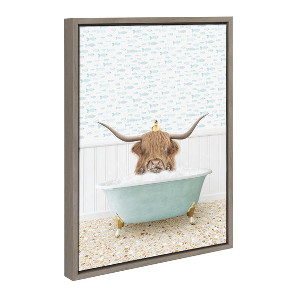 kate & laurel Sylvie Highland Cow and Duckling in Little Fish Bath Framed Canvas by Amy Peterson Art Studio