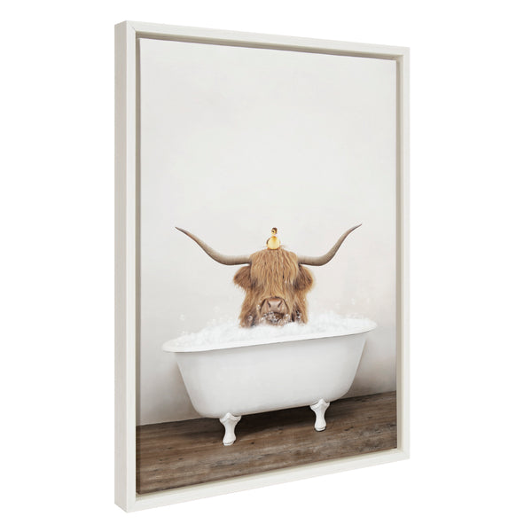 Kate & Laurel Sylvie Highland Cow And Duckling In Rustic Bath Framed Canvas By Amy Peterson Art Studio