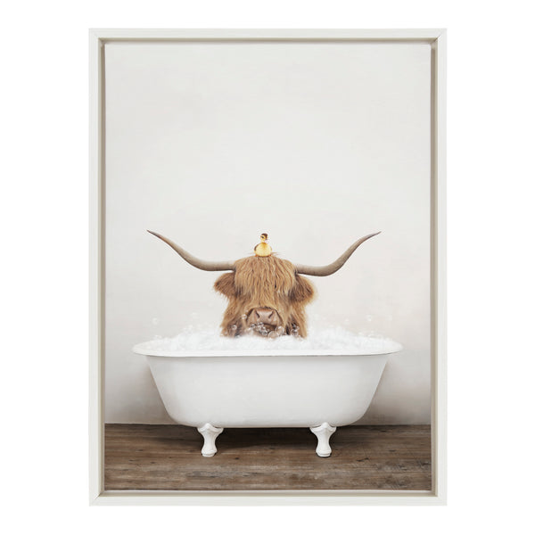 Kate & Laurel Sylvie Highland Cow And Duckling In Rustic Bath Framed Canvas By Amy Peterson Art Studio