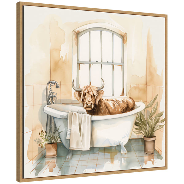 Kate & Laurel Sylvie Highland Cow Bathroom Watercolor Framed Canvas By The Creative Bunch Studio