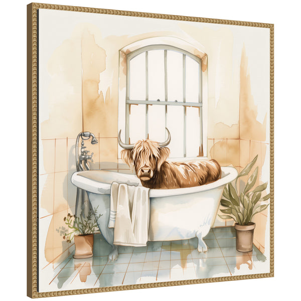 Kate & Laurel Sylvie Highland Cow Bathroom Watercolor Framed Canvas By The Creative Bunch Studio