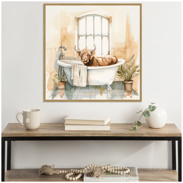 Kate & Laurel Sylvie Highland Cow Bathroom Watercolor Framed Canvas By The Creative Bunch Studio