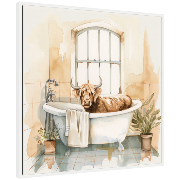 kate & laurel Sylvie Highland Cow Bathroom Watercolor Framed Canvas by The Creative Bunch Studio