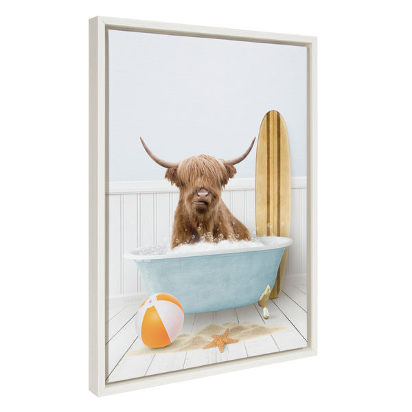 Kate & Laurel Sylvie Highland Cow Beach House Bath With Surfboard Framed Canvas By Amy Peterson