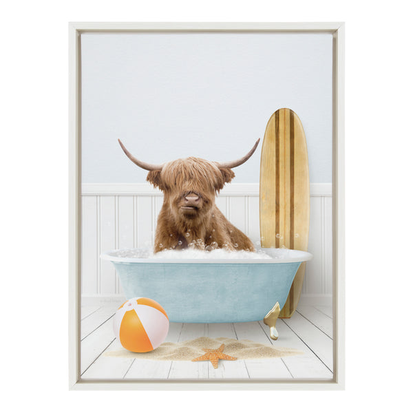 Kate & Laurel Sylvie Highland Cow Beach House Bath With Surfboard Framed Canvas By Amy Peterson