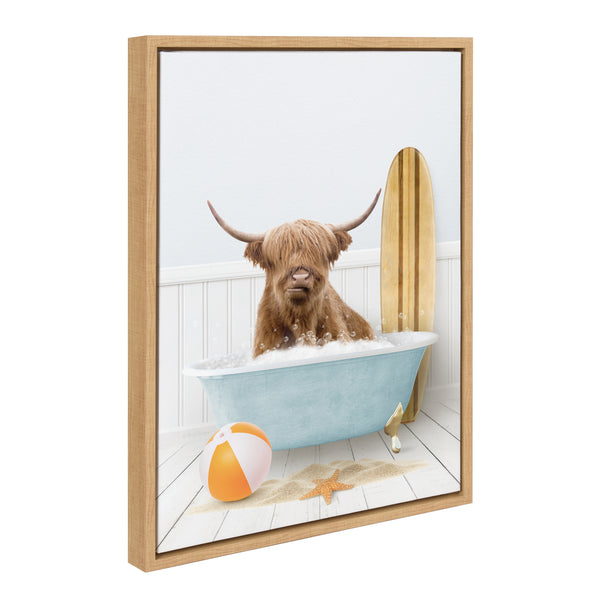 kate & laurel Sylvie Highland Cow Beach House Bath with Surfboard Framed Canvas by Amy Peterson
