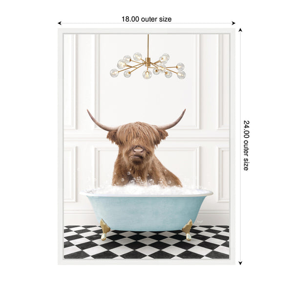 Kate & Laurel Sylvie Highland Cow In Blue Bathtub On Checker Floor Framed Canvas By Amy Peterson