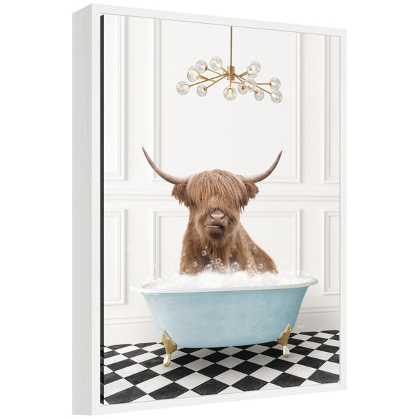 kate & laurel Sylvie Highland Cow in Blue Bathtub on Checker Floor Framed Canvas by Amy Peterson