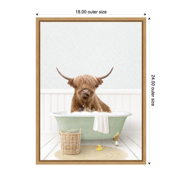 Kate & Laurel Sylvie Highland Cow In Cottage Green Bathtub Framed Canvas By Amy Peterson