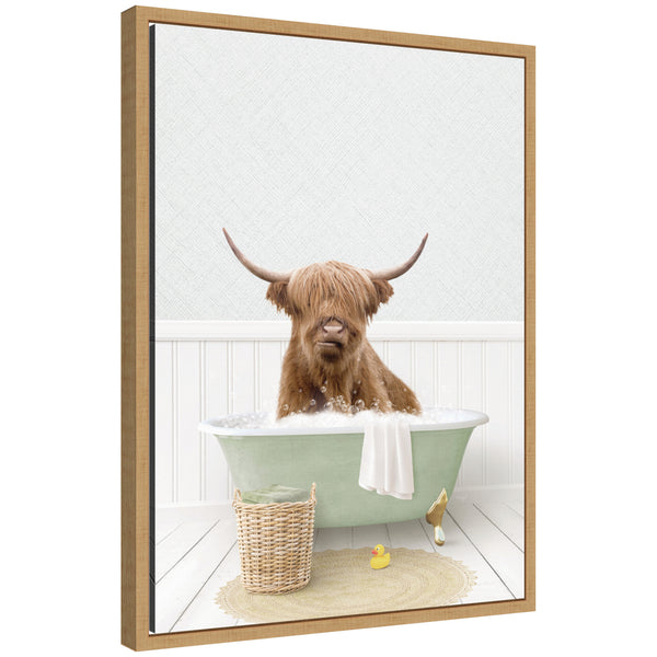 kate & laurel Sylvie Highland Cow in Cottage Green Bathtub Framed Canvas by Amy Peterson