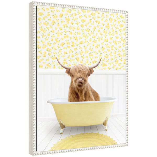 kate & laurel Sylvie Highland Cow in Cottage Yellow Bathtub Framed Canvas by Amy Peterson