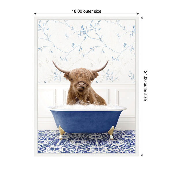 Kate & Laurel Sylvie Highland Cow In Eclectic Blue Bathtub Framed Canvas By Amy Peterson