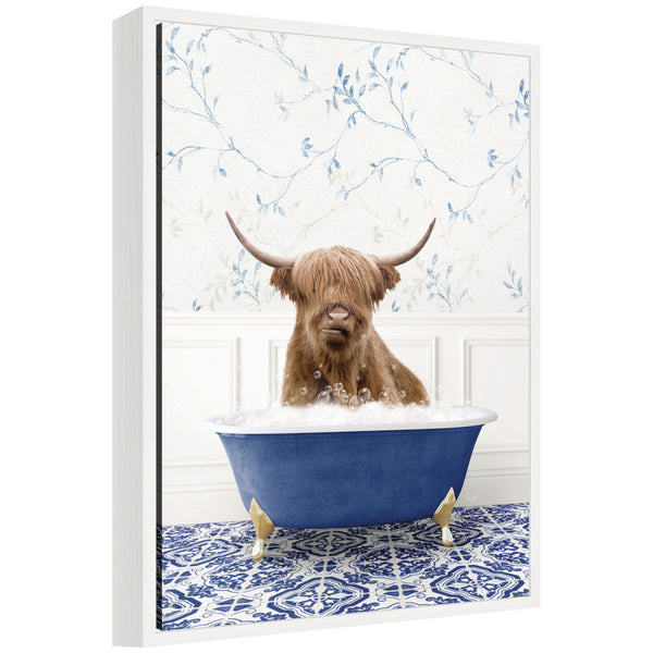 kate & laurel Sylvie Highland Cow in Eclectic Blue Bathtub Framed Canvas by Amy Peterson