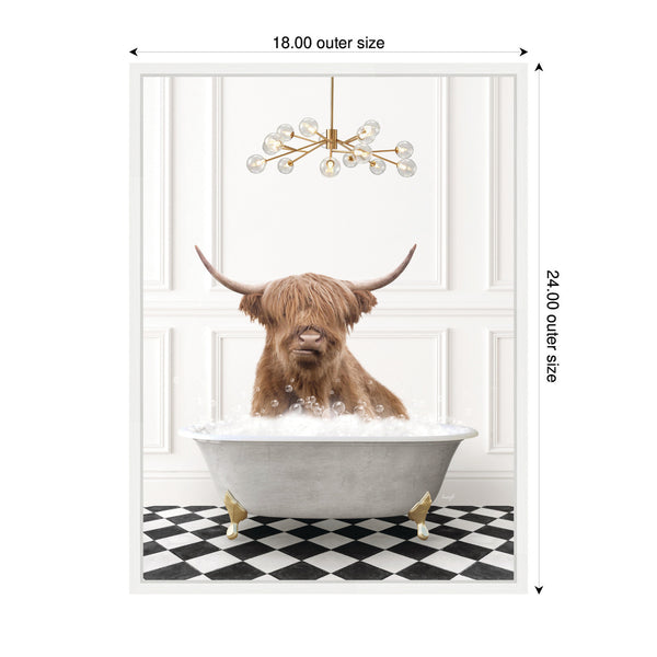 Kate & Laurel Sylvie Highland Cow In Gray Bathtub Checker Floor Framed Canvas By Amy Peterson