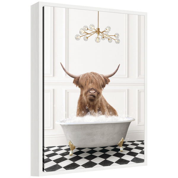 kate & laurel Sylvie Highland Cow in Gray Bathtub Checker Floor Framed Canvas by Amy Peterson