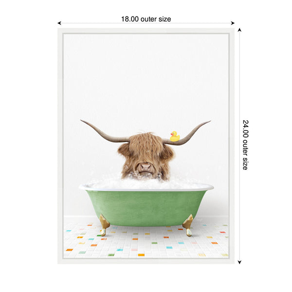 Kate & Laurel Sylvie Highland Cow In Green Bathtub On Colored Tile Framed Canvas By Amy Peterson