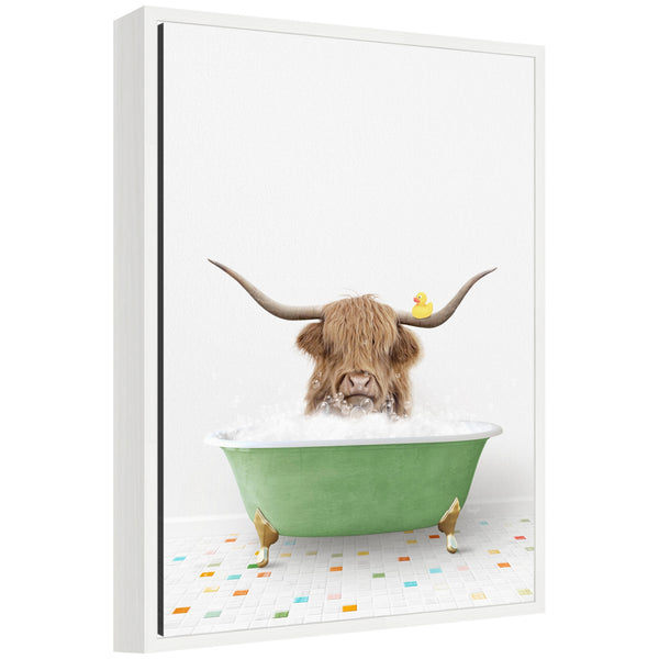 kate & laurel Sylvie Highland Cow in Green Bathtub on Colored Tile Framed Canvas by Amy Peterson