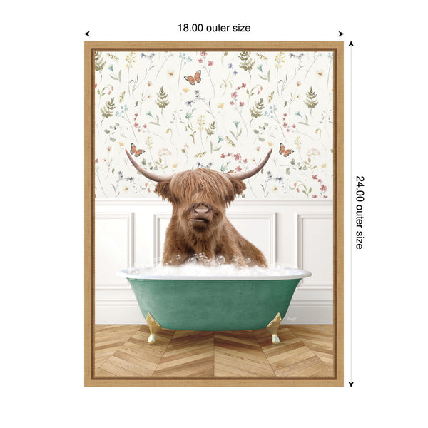 Kate & Laurel Sylvie Highland Cow In Meadow Bathtub Framed Canvas By Amy Peterson