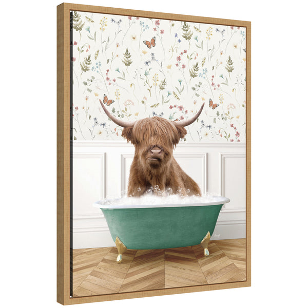 kate & laurel Sylvie Highland Cow in Meadow Bathtub Framed Canvas by Amy Peterson
