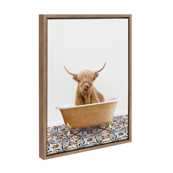 Kate & Laurel Sylvie Highland Cow In Mediterranean Bath Framed Canvas By Amy Peterson Art Studio