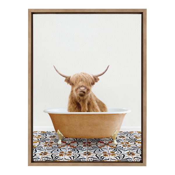 Kate & Laurel Sylvie Highland Cow In Mediterranean Bath Framed Canvas By Amy Peterson Art Studio