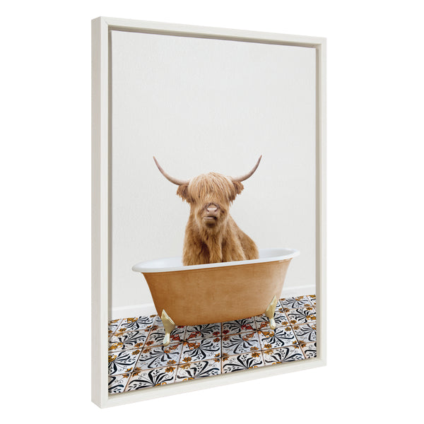 kate & laurel Sylvie Highland Cow In Mediterranean Bath Framed Canvas by Amy Peterson Art Studio