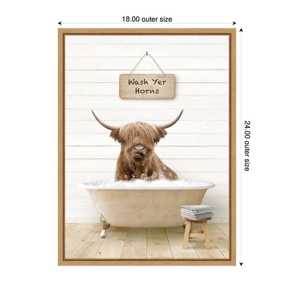 Kate & Laurel Sylvie Highland Cow In Modern Bathtub Wash Your Horns Framed Canvas By Amy Peterson