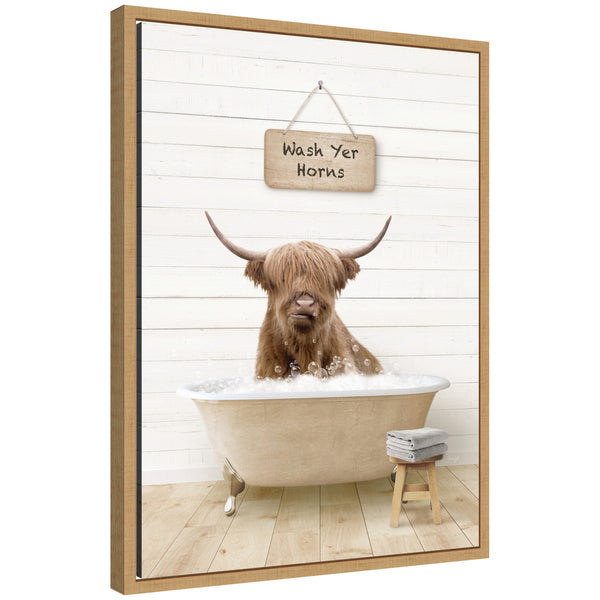 kate & laurel Sylvie Highland Cow in Modern Bathtub Wash Your Horns Framed Canvas by Amy Peterson